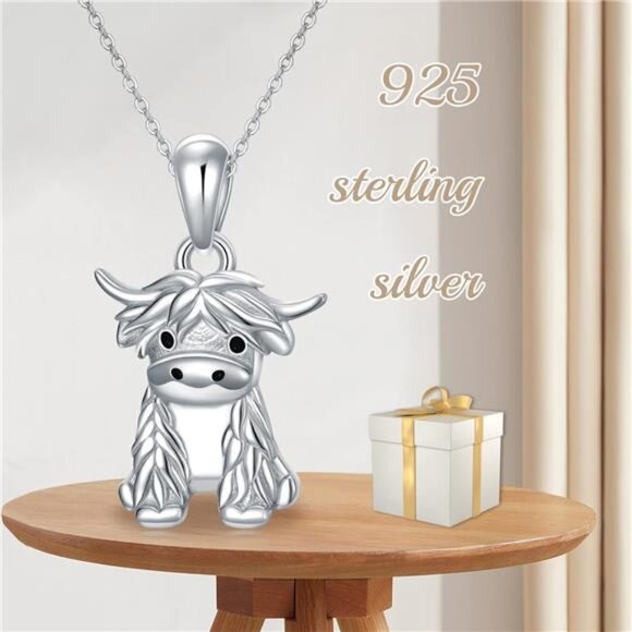 Highland Cow Necklace Sterling Silver Cute Scotland Cow Pendant - Picture 5 of 6